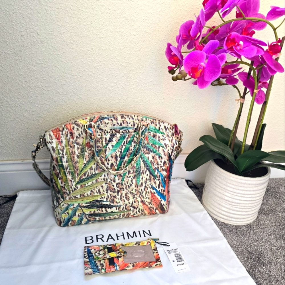 HARD TO FIND! NWOT Large Brahmin Duxbury Botanical Satchel with Matching Wallet